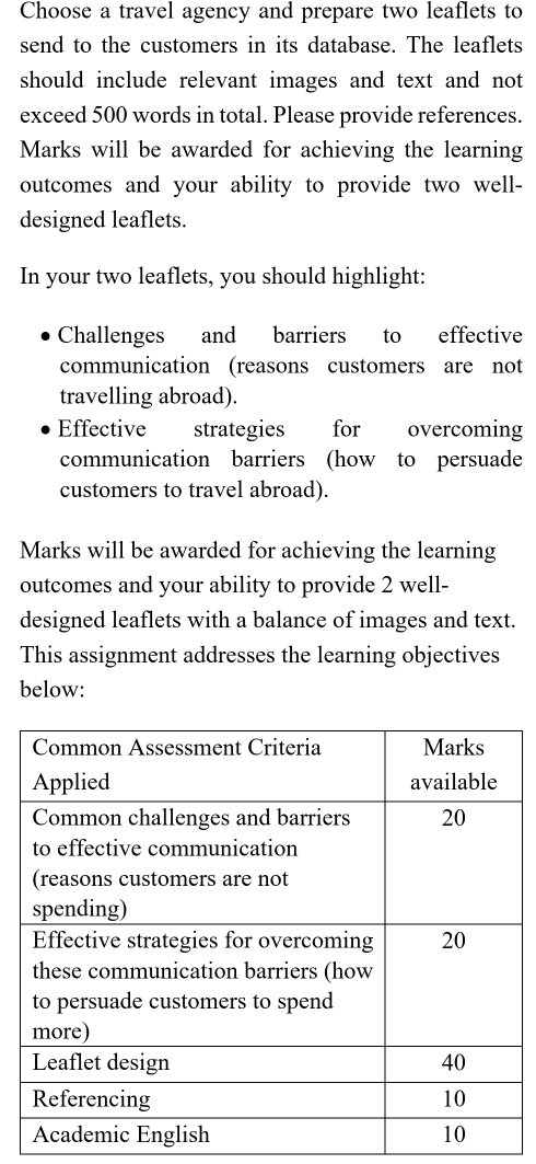 Choose a travel agency and prepare two leaflets to 
send to the customers in its database. The leaflets 
should include relevant images and text and not 
exceed 500 words in total. Please provide references. 
Marks will be awarded for achieving the learning 
outcomes and your ability to provide two well- 
designed leaflets. 
In your two leaflets, you should highlight: 
Challenges and barriers to effective 
communication (reasons customers are not 
travelling abroad). 
Effective strategies for overcoming 
communication barriers (how to persuade 
customers to travel abroad). 
Marks will be awarded for achieving the learning 
outcomes and your ability to provide 2 well- 
designed leaflets with a balance of images and text. 
This assignment addresses the learning objectives 
below: