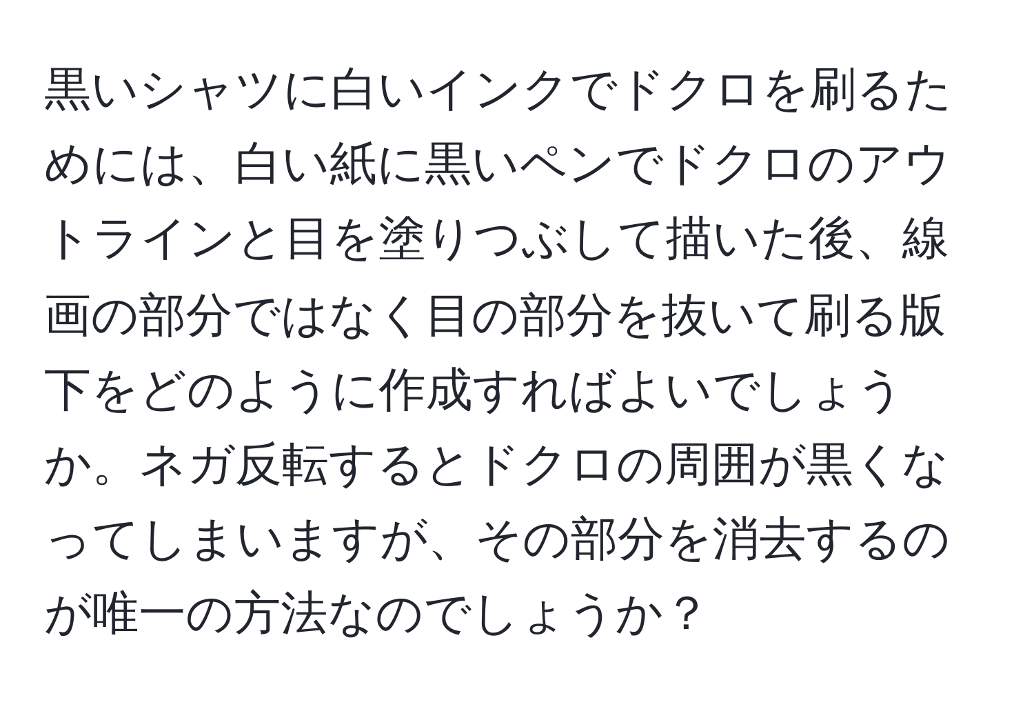 黒いシャツに白いインクでドクロを刷るためには、白い紙に黒いペンでドクロのアウトラインと目を塗りつぶして描いた後、線画の部分ではなく目の部分を抜いて刷る版下をどのように作成すればよいでしょうか。ネガ反転するとドクロの周囲が黒くなってしまいますが、その部分を消去するのが唯一の方法なのでしょうか？