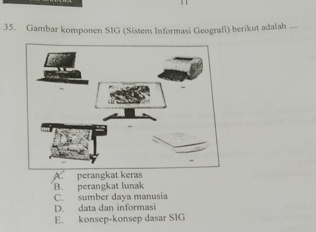 Gambar komponen SIG (Sistem Informasi Geografi) berikut adalah ....
A. perangkat keras
B. perangkat lunak
C. sumber daya manusia
D. data dan informasi
E. konsep-konsep dasar SIG