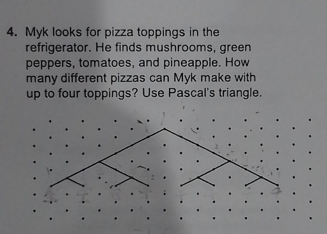 Myk looks for pizza toppings in the 
refrigerator. He finds mushrooms, green 
peppers, tomatoes, and pineapple. How 
many different pizzas can Myk make with 
up to four toppings? Use Pascal's triangle.