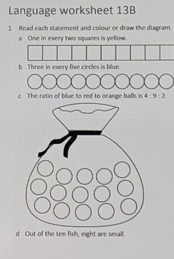 Language worksheet 13B 
1 Read each statement and colour or draw the diagram. 
a One in every two squares is yellow. 
b Three in every five circles is blue. 
c The ratio of blue to red to orange balls is 4:9:2. 
d Out of the ten fish, eight are small.