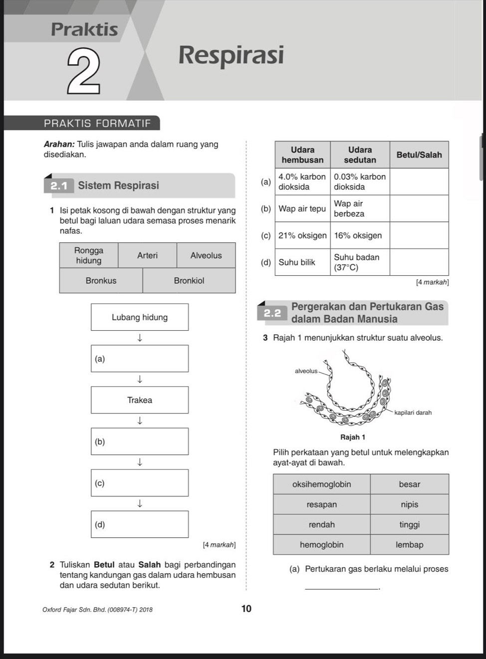 Praktis
2
Respirasi
PRAKTIS FORMATIF
Arahan: Tulis jawapan anda dalam ruang yang Udara Udara
disediakan. hembusan sedutan Betul/Salah
4.0% karbon 0.03% karbon
2.1 Sistem Respirasi (a) dioksida dioksida
1 Isi petak kosong di bawah dengan struktur yang (b) Wap air tepu Wap air berbeza
betul bagi laluan udara semasa proses menarik
nafas. 16% oksigen
(c) 21% oksigen
Rongga Arteri Alveolus Suhu badan
hidung (d) Suhu bilik (37°C)
Bronkus Bronkiol [4 markah]
Pergerakan dan Pertukaran Gas
Lubang hidung 2.2 dalam Badan Manusia
3 Rajah 1 menunjukkan struktur suatu alveolus.
(a)
Trakea
(b) 
Pilih perkataan yang betul untuk melengkapkan
ayat-ayat di bawah.
(c)
(d) 
[4 markah]
2 Tuliskan Betul atau Salah bagi perbandingan (a) Pertukaran gas berlaku melalui proses
tentang kandungan gas dalam udara hembusan
dan udara sedutan berikut.
_
Oxford Fajar Sdn. Bhd. (008974-T) 2018
10