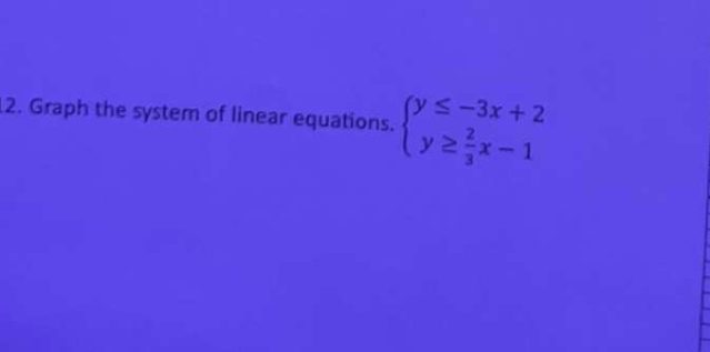 Graph the system of linear equations. beginarrayl y≤ -3x+2 y≥  2/3 x-1endarray.