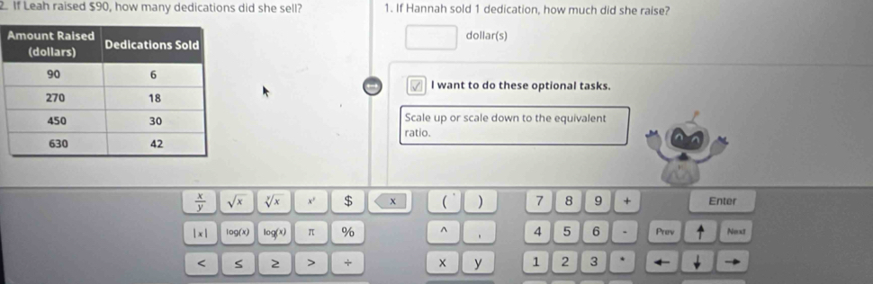 If Leah raised $90, how many dedications did she sell? 1. If Hannah sold 1 dedication, how much did she raise? 
dollar(s) 
√ I want to do these optional tasks. 
Scale up or scale down to the equivalent 
ratio.
 x/y  sqrt(x) sqrt[y](x) x' $ x  ) 7 8 9 + Enter
1* 1 log (x) log (x) π % ^ . 4 5 6 . Prev Next 
< S 2 > + y 1 2 3 4