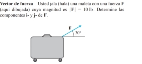 Vector de fuerza Usted jala (hala) una maleta con una fuerza F
(aquí dibujada) cuya magnitud es |F|=10lb. Determine las
componentes i- y j- de F.