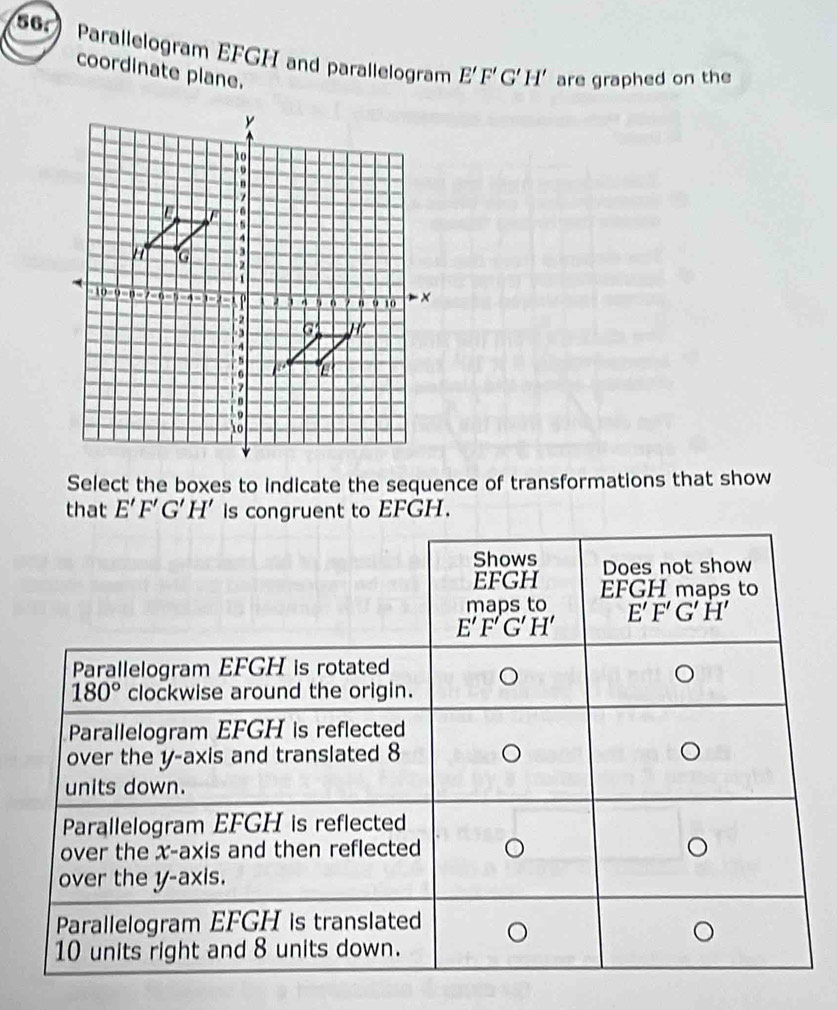 Parallelogram EFGH and parallelogram E'F'G'H' are graphed on the
coordinate plane.
Select the boxes to indicate the sequence of transformations that show
that E'F'G'H' is congruent to EFGH.