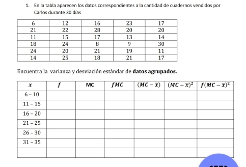 En la tabla aparecen los datos correspondientes a la cantidad de cuadernos vendidos por
Carlos durante 30 días
Encuentra la varianza y desviación estándar de datos agrupados.