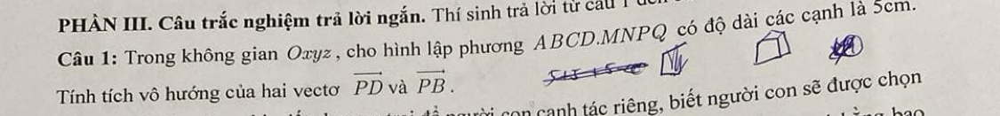 PHÀN III. Câu trắc nghiệm trả lời ngắn. Thí sinh trả lời tử cảu 1 
Câu 1: Trong không gian Oxyz , cho hình lập phương ABCD. MNPQ có độ dài các cạnh là 5cm. 
Tính tích vô hướng của hai vectơ vector PD và vector PB. 
con canh tác riêng, biết người con sẽ được chọn