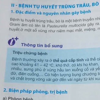 II - BỆNH TỤ HUYếT TRùNG TRÂU, BÒ 
1. Đặc điểm và nguyên nhân gây bệnh 
Bệnh tụ huyết trùng trấu, bỏ là một bệnh truyền nh 
Gram âm có tên là Pasteurella multocida gây ra. 
huyết ở một số vùng như niêm mạc mắt, miệng, m 
Thông tin bổ sung 
Triệu chứng bệnh 
Bệnh thường xáy ra ở thể quá cấp tính và thể ca 
cao khoảng 41-42°C , khó thở, có khi ho khan, 
nhiều, sưng phủ ở vùng hầu lan xuống cổ và yề 
dữ, điện cuồng,... Có hiện tượng bụng chướng tơ 
và chết trong vòng vài giờ đến vài ngày từ khi xu 
2. Biện pháp phòng, trị bệnh 
a) Phòng bênh