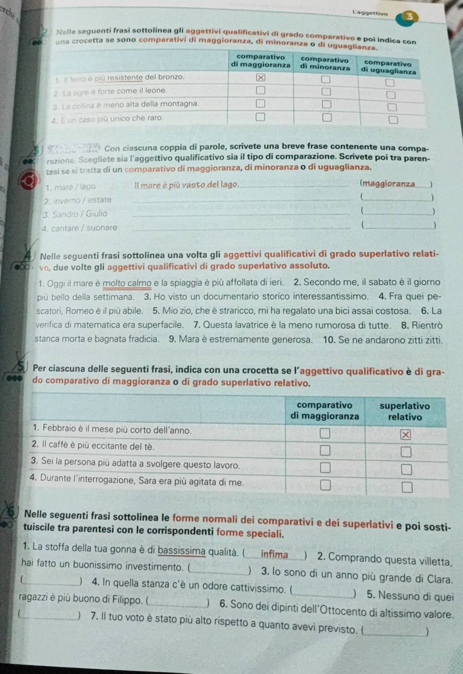 rché
L'aggettivo
Nelle seguenti frasi sottolinea gli aggettivi qualificativi di grado comparativo e poi indica con
una crocetta se sono comparativi di maggioranza, di minoranza o di 
Con ciascuna coppia di parole, scrivete una breve frase contenente una compa-
razione. Scegliete sia l’aggettivo qualificativo sia il tipo di comparazione. Scrivete poi tra paren-
tesí se sì tratta di un comparativo di maggioranza, di minoranza o di uguaglianza.
1. mare / lago Il mare è più vasto del lago._
(maggioranza___)

2. inverno / estate __
3. Sandro / Giulio __ )
4. cantare / suonare _(_
)
Nelle seguenti frasi sottolinea una volta gli aggettivi qualificativi di grado superlativo relati-
600  vo, due volte gli aggettivi qualificativi di grado superlativo assoluto.
1. Oggi il mare è molto calmo e la spiaggia è più affollata di ieri. 2. Secondo me, il sabato è il giorno
più bello della settimana. 3. Ho visto un documentario storico interessantissimo. 4. Fra quei pe-
scatori, Romeo è il più abile. 5. Mio zio, che è straricco, mi ha regalato una bici assai costosa. 6. La
verifica di matematica era superfacile. 7. Questa lavatrice è la meno rumorosa di tutte. 8. Rientrò
stanca morta e bagnata fradicia. 9. Mara è estremamente generosa. 10. Se ne andarono zitti zitti.
Per ciascuna delle seguenti frasi, indica con una crocetta se l’aggettivo qualificativo è di gra-
.. do comparativo di maggioranza o di grado superlativo relativo.
Nelle seguenti frasi sottolinea le forme normali dei comparativi e dei superlativi e poi sosti-
tuiscile tra parentesi con le corrispondenti forme speciali.
1. La stoffa della tua gonna è di bassissima qualità. ( infima ) 2. Comprando questa villetta,
hai fatto un buonissimo investimento. (_ ) 3. lo sono di un anno più grande di Clara.
_ ) 4. In quella stanza c'è un odore cattivissimo. (_ 5. Nessuno di quei

ragazzi è più buono di Filippo. (_ ) 6. Sono dei dipinti dell'Ottocento di altissimo valore.
) 7. Il tuo voto è stato più alto rispetto a quanto avevi previsto. (_
)