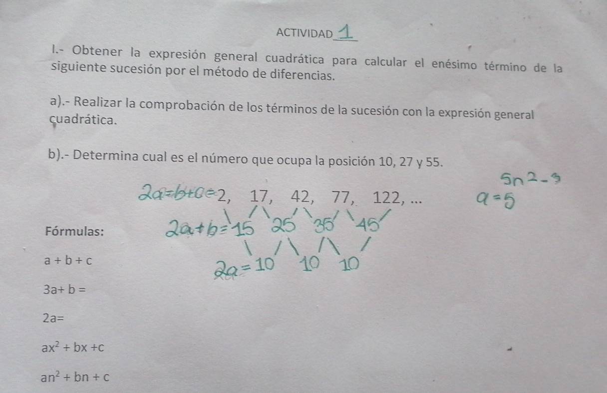 ACTIVIDAD 
I.- Obtener la expresión general cuadrática para calcular el enésimo término de la 
siguiente sucesión por el método de diferencias. 
a).- Realizar la comprobación de los términos de la sucesión con la expresión general 
cuadrática. 
b).- Determina cual es el número que ocupa la posición 10, 27 y 55.
17,42, 77 , 122, ... 
Fórmulas:
a+b+c
3a+b=
2a=
ax^2+bx+c
an^2+bn+c