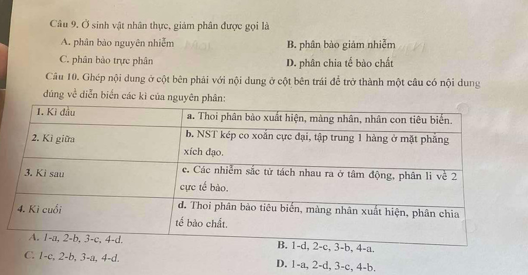 Ở sinh vật nhân thực, giảm phân được gọi là
A. phân bào nguyên nhiễm B. phân bào giảm nhiễm
C. phân bào trực phân D. phân chia tế bào chất
Câu 10. Ghép nội dung ở cột bên phải với nội dung ở cột bên trái để trở thành một câu có nội dung
dúng về diễn biến các kì của nguyên phân:
a.
C. 1 -c, 2 -b, 3 -a, 4 -d. D. 1 -a, 2-d, 3-c, 4 -b.