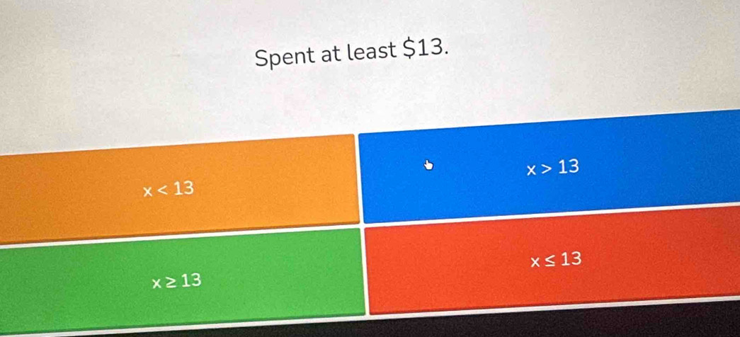 Spent at least $13.
x>13
x<13</tex>
x≤ 13
x≥ 13