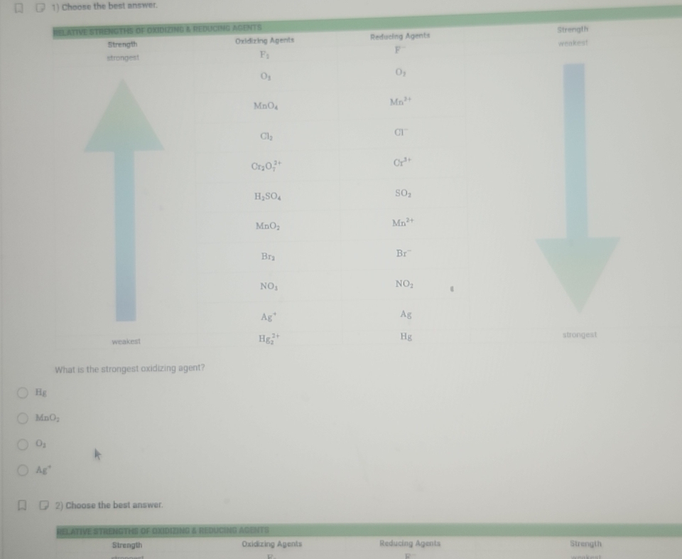 Choose the best answer.
Hg
MnO_2
O_2
Ag^+
2) Choose the best answer.
RELATIVE STRENGTHS OF OXIDIZING & REDUCING AGENTS
Strength Oxidizing Agents Reducing Agents Strength
D