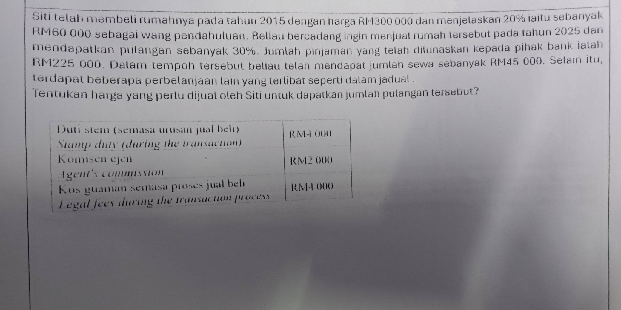 Siti telah membeli rumahnya pada tahun 2015 dengan harga RM300 000 dan menjelaskan 20% iaitu sebanyak
RM60 000 sebagai wang pendahuluan. Beliau bercadang ingin menjual rumah tersebut pada tahun 2025 dan 
mendapatkan pulangan sebanyak 30%. Jumlah pinjaman yang telah dilunaskan kepada pihak bank ialah
RM225 000. Dalam tempoh tersebut beliau telah mendapat jumlah sewa sebanyak RM45 000. Selain itu, 
terdapat beberapa perbelanjaan lain yang terlibat seperti dalam jadual . 
Tentukan harga yang perlu dijual oleh Siti untuk dapatkan jumlah pulangan tersebut?