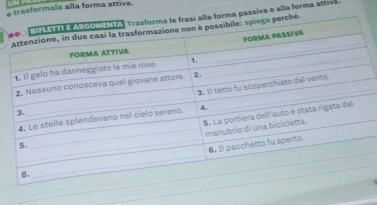 UN PA 
e trasformala alla forma attiva. 
passiva o alla forma attiva.