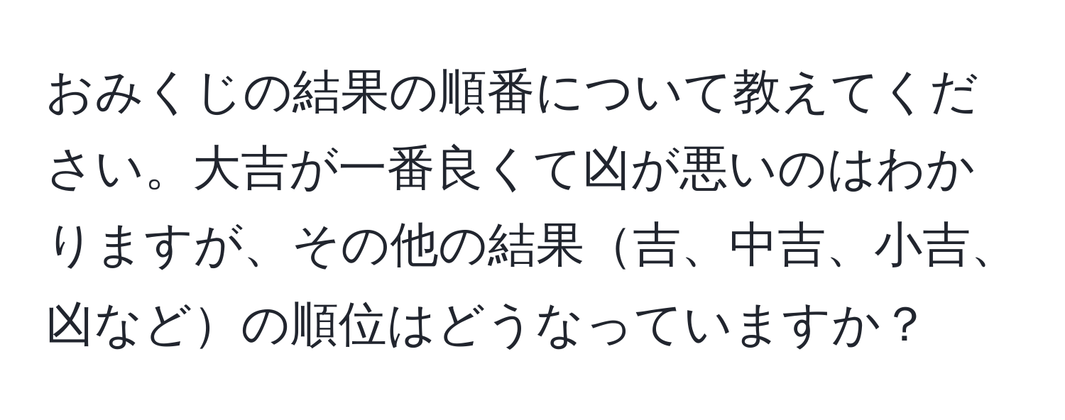 おみくじの結果の順番について教えてください。大吉が一番良くて凶が悪いのはわかりますが、その他の結果吉、中吉、小吉、凶などの順位はどうなっていますか？