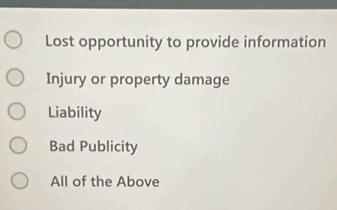 Lost opportunity to provide information
Injury or property damage
Liability
Bad Publicity
All of the Above