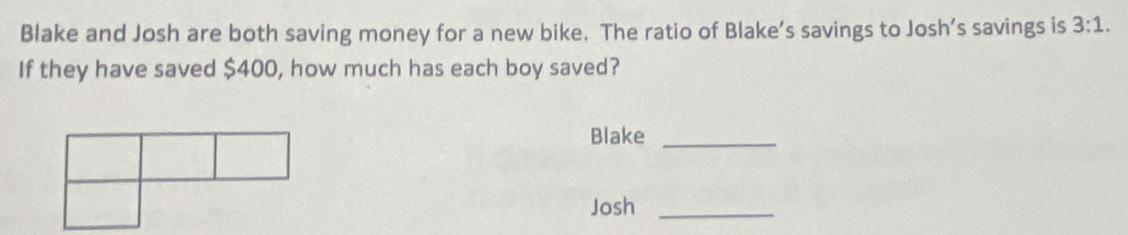 Blake and Josh are both saving money for a new bike. The ratio of Blake’s savings to Josh’s savings is 3:1. 
If they have saved $400, how much has each boy saved? 
Blake_ 
Josh_