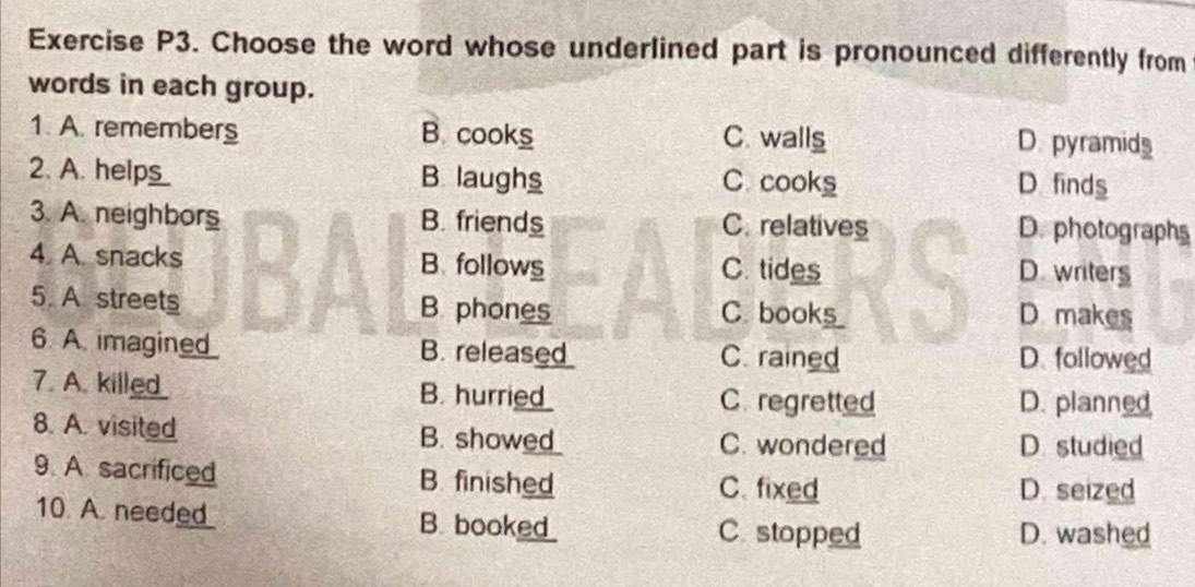 Exercise P3. Choose the word whose underlined part is pronounced differently from
words in each group.
1. A. remember B. cooks C. walls
D. pyramid
2. ____ B. laughs C. cooks D.finds
3. A. neighbors B. friends C. relatives D. photographs
4. A. snacks B. follows C. tides
D. writers
5. A street B phones C. book_
D makes
6 A imagined B. release C. rained D. followed
7. A. killed B. hurried C regretted D. planned
8. A. visited B. showed C. wondered D. studied
9. A. sacrificed B. finished C. fixed D. seized
10 A needed B. booke C. stopped
D. washed