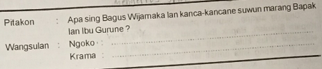 Pitakon : Apa sing Bagus Wijamaka Ian kanca-kancane suwun marang Bapak 
Ian Ibu Gurune ? 
Wangsulan Ngoko_ 
Krama :