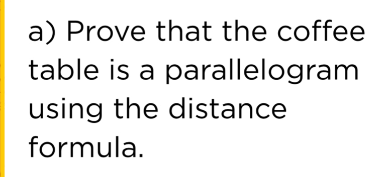 Prove that the coffee 
table is a parallelogram 
using the distance 
formula.