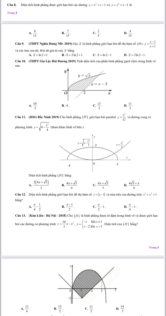 Diện tích hình phăng được giới hạn bởi các đường y=x^2+x-1 và y=x^4+x-1 là
Trang 2
A.  8/15 . B.  7/15 . C.  2/5 . D.  4/15 .
Câu 9. (THPT Nghĩa Hưng NĐ- 2019) Gọi S là hình phẳng giới hạn bởi đồ thị hàm số (H):y= (x-1)/x+1 
và các trục tọa độ. Khi đó giá trị của S bằng
A. S=ln 2+1. B. S=2ln 2+1. C S=ln 2-1. D. S=2ln 2-1.
Câu 10. (THPT Gia Lộc Hải Dương 2019) Tính diện tích của phần hình phẳng gạch chéo trong hình vẽ
sau:
A.  10/3 .  13/3 . D.  11/3 .
Câu 11. (HSG Bắc Ninh 2019) Cho hình phẳng (H) giới hạn bới parabol y= x^2/12  và đường cong có
phương trình y=sqrt(4-frac x^2)4 (tham khảo hình vẽ bên )
y
y=sqrt(4-frac x^2)4
y= x^2/4 
x
-4 0 4
Diện tích hình phẳng (H) bằng:
A.  (2(4π +sqrt(3)))/3  B.  (4π +sqrt(3))/6  C.  (4π +sqrt(3))/3  D.  (4sqrt(3)+π )/6 
Câu 12. Diện tích hình phẳng giới hạn bởi đồ thị hàm số y=|x-1| và nửa trên của đường tròn x^2+y^2=1
bằng?
A.  π /4 - 1/2 . B.  (π -1)/2 . C.  π /2 -1. D.  π /4 -1.
Câu 13. [Kim Liên - Hà Nội - 2018] Cho (H) là hình phẳng được tô đậm trong hình vẽ và được giới hạn
bởi các đường có phương trình y= 10/3 x-x^2,y=beginarrayl -xkhix≤ 1 x-2khix>1endarray.. Diện tích của (H) bằng?
Trang 3
A.  11/6 .  13/2 . C.  11/2 . D.  14/3 .