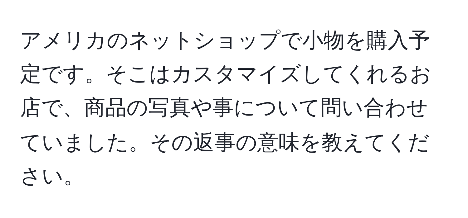 アメリカのネットショップで小物を購入予定です。そこはカスタマイズしてくれるお店で、商品の写真や事について問い合わせていました。その返事の意味を教えてください。