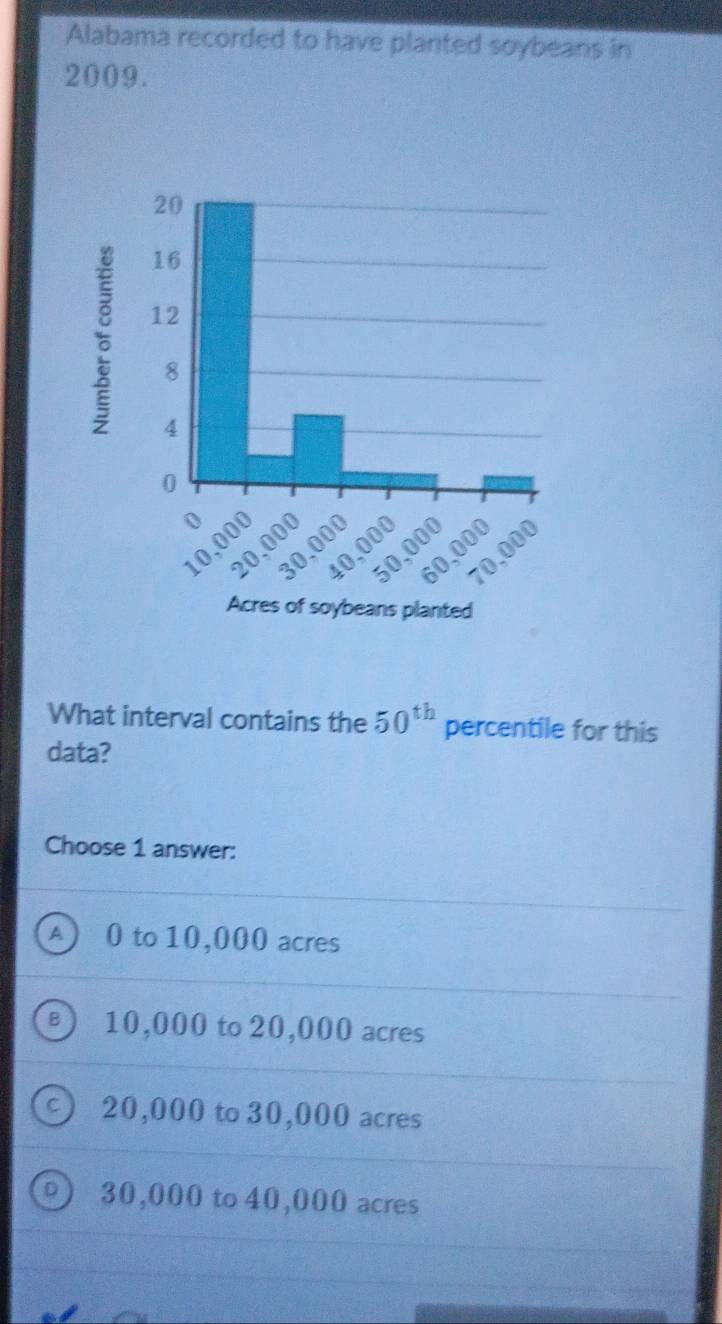 Alabama recorded to have planted soybeans in
2009.
What interval contains the 50^(th) percentile for this
data?
Choose 1 answer:
A 0 to 10,000 acres
B 10,000 to 20,000 acres
20,000 to 30,000 acres
D ) 30,000 to 40,000 acres