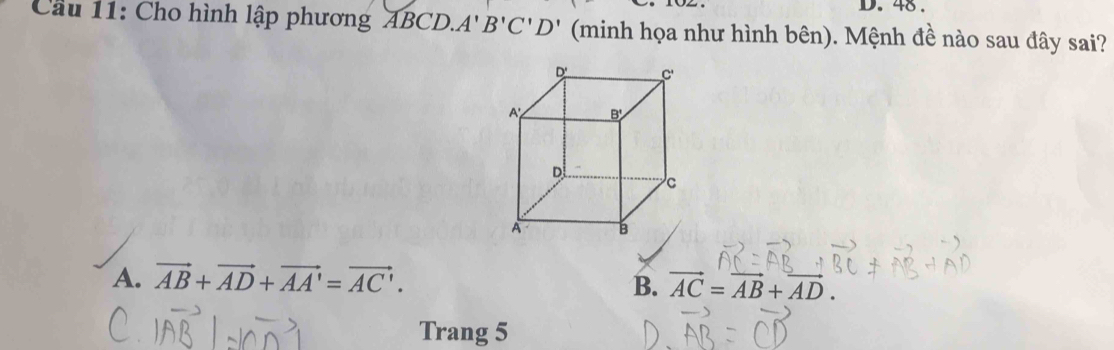 48 .
Cầu 11: Cho hình lập phương ABCD. A'B'C'D' (minh họa như hình bên). Mệnh đề nào sau đây sai?
A. vector AB+vector AD+vector AA'=vector AC'.
B. vector AC=vector AB+vector AD.
Trang 5