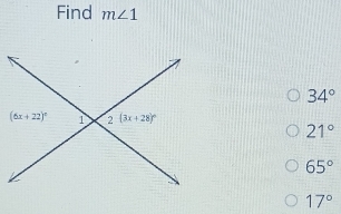 Find m∠ 1
34°
21°
65°
17°