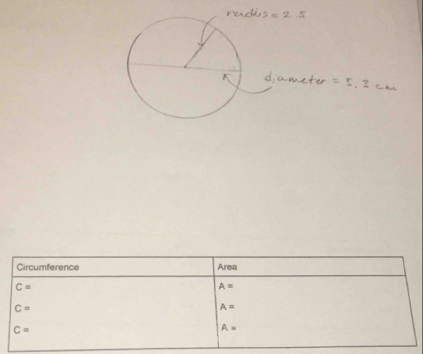 Circumference Area
C=
A=
C=
A=
C=
A=