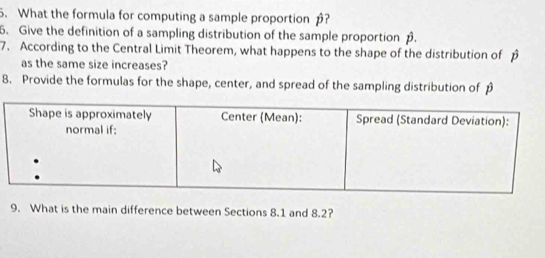 What the formula for computing a sample proportion ? 
6. Give the definition of a sampling distribution of the sample proportion β. 
7. According to the Central Limit Theorem, what happens to the shape of the distribution of hat 
as the same size increases? 
8. Provide the formulas for the shape, center, and spread of the sampling distribution of p
9. What is the main difference between Sections 8.1 and 8.2?