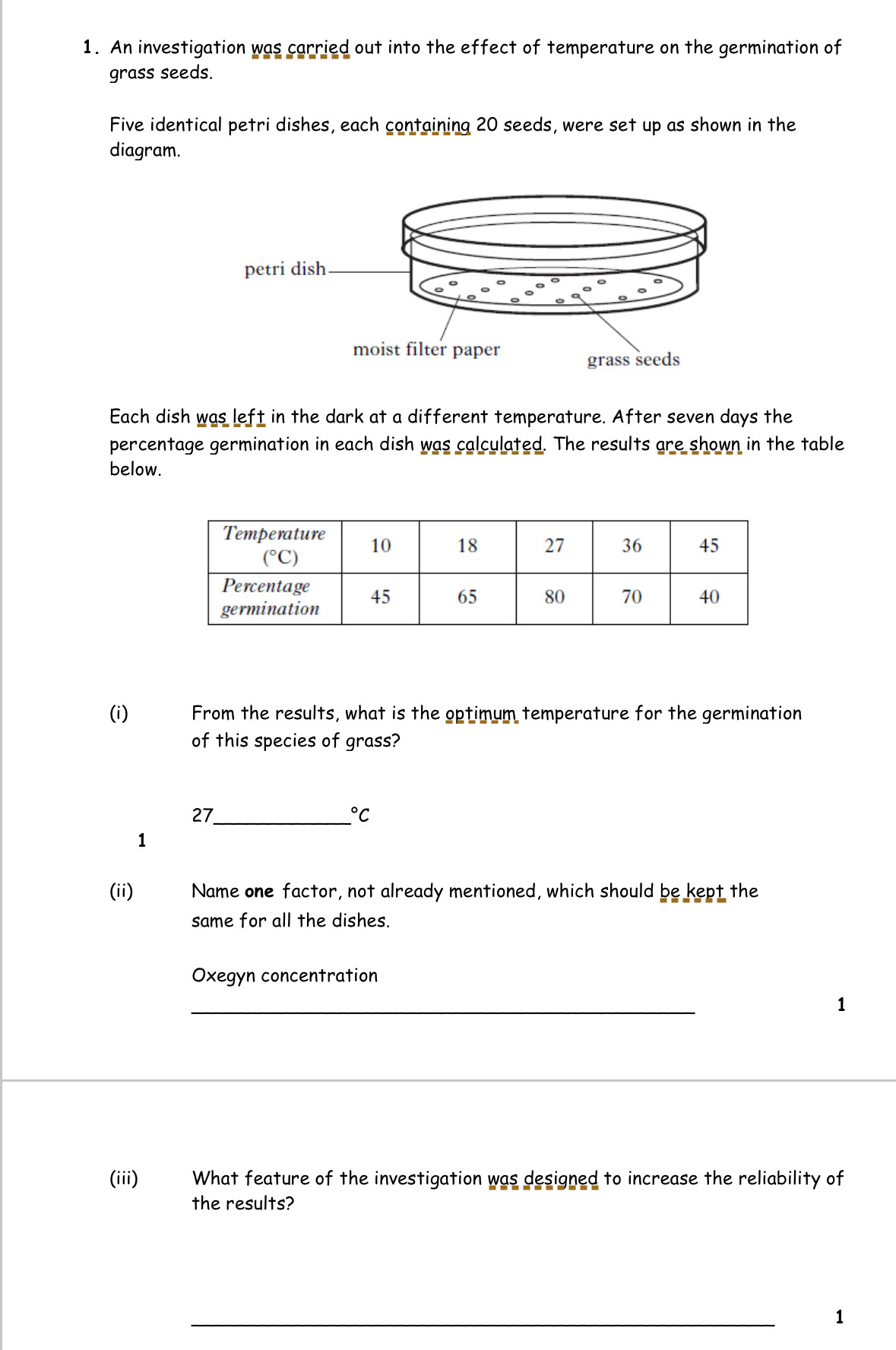 An investigation was carried out into the effect of temperature on the germination of
grass seeds.
Five identical petri dishes, each containing 20 seeds, were set up as shown in the
diagram.
Each dish was left in the dark at a different temperature. After seven days the
percentage germination in each dish was calculated. The results are shown in the table
below.
(i) From the results, what is the optimum temperature for the germination
of this species of grass?
27_°C
1
(ii) Name one factor, not already mentioned, which should be kept the
same for all the dishes.
Oxegyn concentration
_
1
(iii) What feature of the investigation was designed to increase the reliability of
the results?
_
1