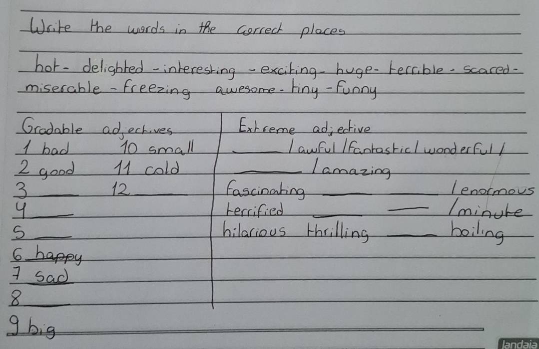 Write the words in the correct places 
hor- delighted - interesking -excilinghuge-terrible. scared. 
misesable - freezing awesome. tiny - funny 
Gradable adechives Exrseme adj ective 
1 bad 10 small _l awful / fanrosticl wonderful / 
2 good M cold _Iamazing 
3_ _fascinating_ 
12 lenormous 
9_ terrified __Iminuke 
S _hilarious thrilling _boiling 
6 happy 
7 sad 
_8 
g big