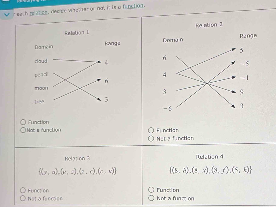 each relation, decide whether or not it is a function.

Function
Not a function Function
Not a function
Relation 3 Relation 4
 (y,u),(u,z),(z,c),(c,u)
 (8,h),(8,x),(8,f),(5,k)
Function Function
Not a function Not a function