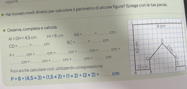 oppure_ 
Hai trovato modi diversi per calcolare il perimetro di alcune figure? Spiega con le tue parole. 
Osserva, completa e calcoia.
AI=GH=4.5cm HI=6cm AB= _  = _ cm
CD= _  _ cm BC= _  = _ cm
P= _ cm+ _ cm+ _ cm+ _ cm+ _  cm^+
_
cm+ _  cm+ _  cm+ _  cm= _  cm
Puoi anche calcolare cosí, utilizzando un'espressione:
P=6+(4,5* 2)+(1,5* 2)+(1* 2)+(2* 2)= cm