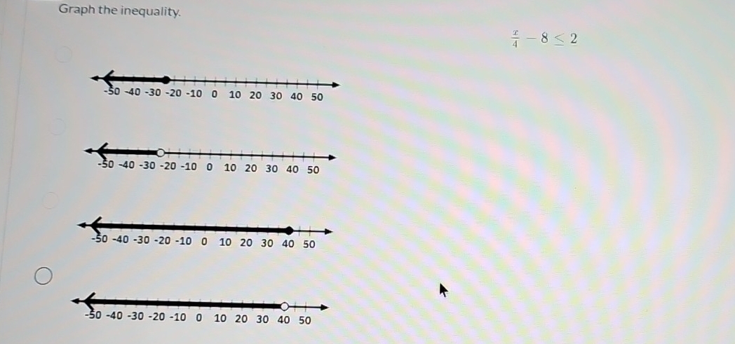 Graph the inequality.
 x/4 -8≤ 2