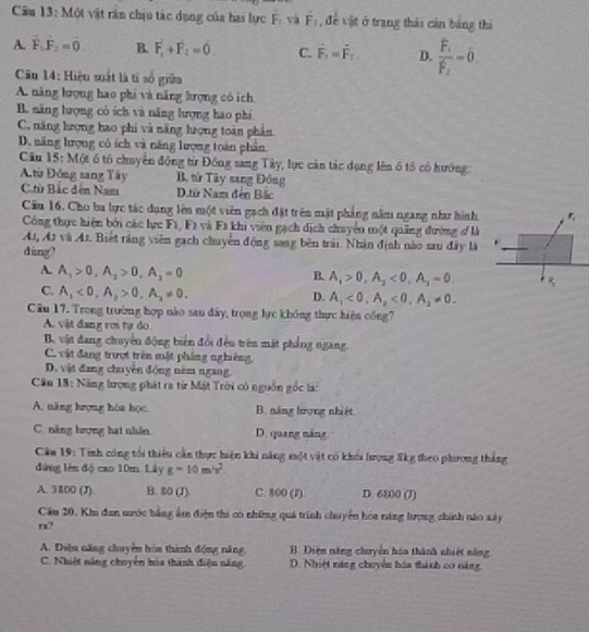 Một vật rần chịu tác dụng của hai lực vector F_1 vā overline F_1 , để vật ở trạng thái cản bằng thì
A. vector F_1vector F_2=0 B. F_1^(2+F_2)=0 C. vector F_1=vector F_2. D. frac F_1F_2=0.
Câu 14: Hiệu xuất là tỉ số giữa
A. năng lượng hao phi và năng hượng có ích
B. năng lượng cỏ ích và năng lượng hao phí
C. năng lượng hao phi và năng lượng toàn phân
D. năng hượng có ích và năng lượng toàn phân
Cầu 15: Một ô tổ chuyển động từ Đồng sang Tây, lực cản tác dụng lên ố tổ có hướng.
A.từ Đồng sang Tây B. từ Tây sang Đồng
C.tù Bắc đến Nam D.từ Nam đến Bắc
Câu 16. Cho ba lực tác dụng lên một viên gạch đặt trên mặt phẳng năm ngang như hình r
Công thực hiện bởi các lực F1, F1 và F1 khi viên gạch dịch chuyển một quảng đường đ là
A1, A1 và A1. Biết rằng viên gạch chuyên động sang bên trái. Nhận định nào sau đây là
ding?
A. A_1>0,A_2>0,A_3=0
B. A_1>0,A_2<0,A_3=0 R_1
C. A_1<0,A_2>0,A_2!= 0.
D. A_1<0,A_2<0,A_3!= 0.
Cầu 17. Trong trường hợp nào sau đây, trọng lực không thực hiện cóng?
A. vật đang rơi tự do.
B. vật đang chuyển động biển đổi đều trên mặt phẳng ngang.
C. vật đang trượt trên mật phầng nghiêng,
D. vật đang chuyền động nêm ngang.
Câu 18: Năng tượng phát ra từ Mặt Trời có nguồn gốc lá:
A. năng hrọng hóa học. B. năng tượng nhiệt
C. năng hượng hạt nhân. D. quang năng
Câu 19: Tinh công tổi thiểu cần thực hiện khi năng một vật có khối tượng Skg theo phương thắng
đứng lên độ cao 10m. Lây g=10m/s^2.
A. 3800 (J) B. 80 (J). C. 800 (J) D. 6800 (J)
Cầu 20, Khi đan mước bằng ấm điện thi có những quá trính chuyển hóa năng lượng chính nào xây
ra?
A. Điện năng chuyển hòa thành động năng. B. Điện năng chuyển hóa thành nhiệt năng.
C. Nhiệt năng chuyển hóa thành điện năng D. Nhiệt năng chuyên hóa thành co năng
