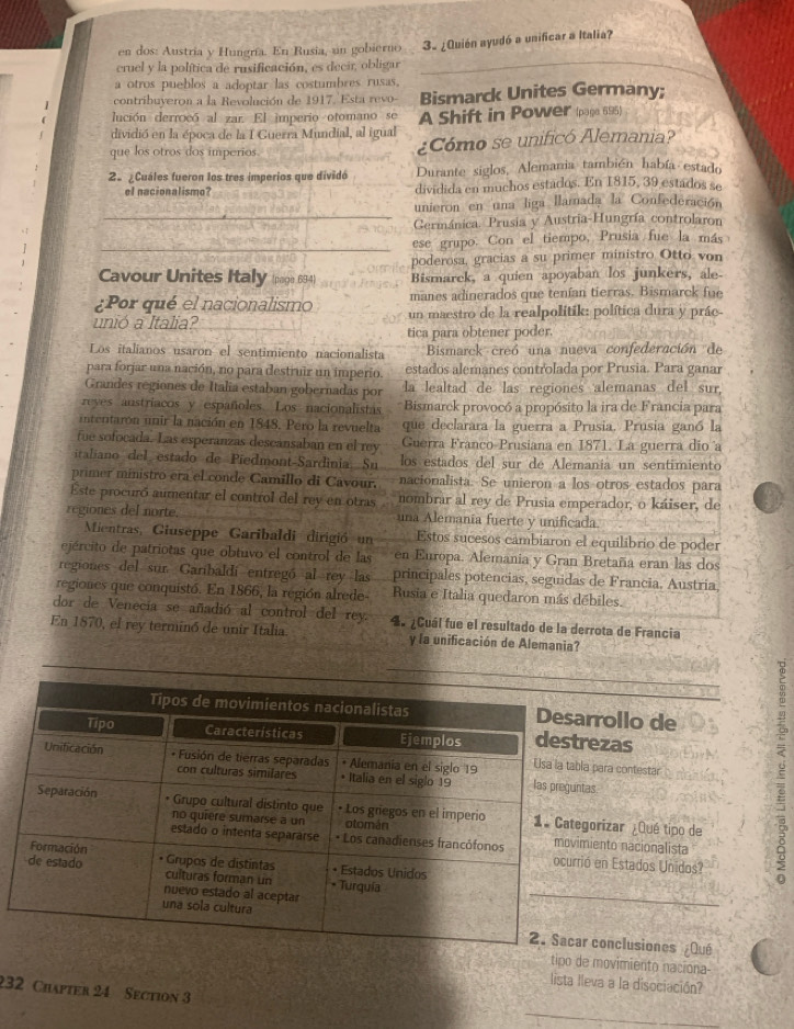 en dos: Austria y Hungría. En Rusia, an gobierno 3. ¿Quién ayudó a unificar a Italia?
cruel y la política de rusificación, es decir, obligar
a otros pueblos a adoptar las costumbres rusas.
_
1 contribuyeron a la Revolución de 1917. Esta revo- Bismarck Unites Germany;
lución derrocó al zar. El imperio otomano se
dividió en la época de la I Guerra Mundial, al igual A Shift in Power (page 695)
que los otros dos imperios. ¿Cómo se unificó Alemania?
2= ¿Cuáles fueron los tres imperios que dividó Durante siglos, Alemania también había estado
el nacionalismo? dividida en muchos estados. En 1815, 39 estados se
unieron en una liga llamada la Confederación
_Germánica. Prusia y Austria-Hungría controlaron
_ese grupo. Con el tiempo, Prusia fue la más
poderosa, gracias a su primer ministro Otto von
Cavour Unites Italy (page 694) Bismarck, a quien apoyaban los junkers, ale-
¿Por qué el nacionalismo manes adinerados que tenían tierras. Bismarck fue
unió a Italia? un maestro de la realpolitik: política dura y prác-
tica para obtener poder.
Los italianos usaron el sentimiento nacionalista Bismarck creó una nueva confederación de
para forjar una nación, no para destruir un imperio. estados alemanes controlada por Prusia. Para ganar
Grandes regiones de Italia estaban gobernadás por la lealtad de las regiones alemanas del sur,
reyes austriacos y españoles. Los nacionalistas Bismarek provocó a propósito la ira de Francia para
intentarón unir la nación en 1848. Pero la revuelta que declarara la guerra a Prusia. Prusia ganó la
fue sofocada. Las esperanzas descánsaban en el rey Guerra Franco-Prusiana en 1871. La guerra dio a
italiano del estado de Píedmont-Sardinia. Su los estados del sur de Alemanía un sentimiento
primer ministro era el conde Camillo di Cavour. nacionalista. Se unieron a los otros estados para
Este procuró aumentar el control del rey en otras nombrar al rey de Prusia emperador, o káiser, de
regiones del norte. una Alemania fuerte y unificada.
Mientras, Giuseppe Garibaldi dirigió un Estos sucesos cambiaron el equilibrio de poder
ejército de patriotas que obtuvo el control de las en Europa. Alemania y Gran Bretaña eran las dos
regiones del sur. Garibaldí entregó al rey las principales potencias, seguidas de Francia. Austria
regiones que conquistó. En 1866, la región alrede- Rusia e Italia quedaron más débiles.
dor de Venecia se añadió al control del rey.
En 1870, el rey terminó de unir Italia 4. ¿Cuál fue el resultado de la derrota de Francia
y la unificación de Alemania?
_
rollo de
ezas
para contestar
s
_
orizar ¿Qué tipo de 
ento nacionalista
en Estados Unidos?
conclusiones ¿Qué
tipo de movimiento naciona-
lista lleva a la disociación?
232 Chapter 24 Section 3
_