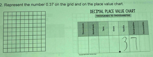 Represent the number 0.37 on the grid and on the place value chart. 
DECIMAL PLACE VALUE CHART 
THOUSANDS TO THOUSANDTHS