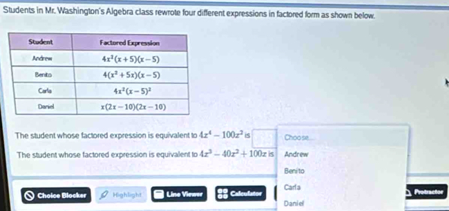 Students in Mr. Washington's Algebra class rewrote four different expressions in factored form as shown below.
The student whose factored expression is equivalent to 4x^4-100x^2 is Choo se
The student whose factored expression is equivalent to 4x^3-40x^2+100x is Andrew
Beni to
Choice Blocker Highlight Lino Viewer Calculator Carla Protractor
Daniel