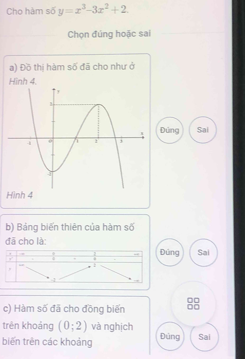 Cho hàm số y=x^3-3x^2+2.
Chọn đúng hoặc sai
a) Đồ thị hàm số đã cho như ở
Hình 4.
Đúng Sai
Hình 4
b) Bảng biến thiên của hàm số
đã cho là:
úng Sai
c) Hàm số đã cho đồng biến
trên khoảng (0;2) và nghịch
biến trên các khoảng
Đúng Sai