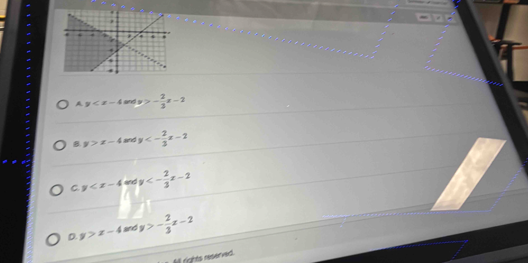 A y a y>- 2/3 x-2
B. y>x-4 and y<- 2/3 x-2
C y and y<- 2/3 x-2
D. y>x-4 and y>- 2/3 x-2
il rights reserved.