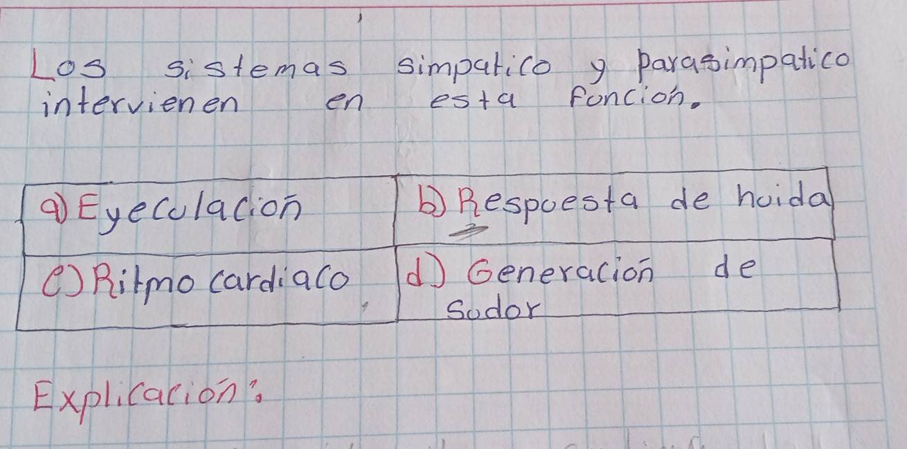 Los sistemas simpatico y parasimpatlico 
intervienen en esta foncion. 
Explication: