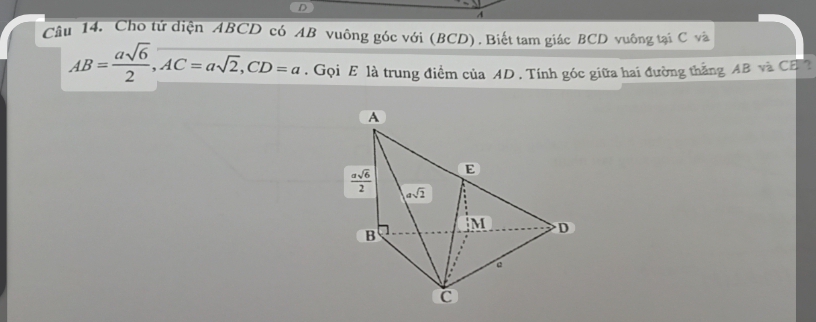 A
Câu 14. Cho tử diện ABCD có AB vuông góc với (BCD) .Biết tam giác BCD vuông tại C và
AB= asqrt(6)/2 ,AC=asqrt(2),CD=a. Gọi E là trung điểm của AD . Tính góc giữa hai đường thắng AB và CE