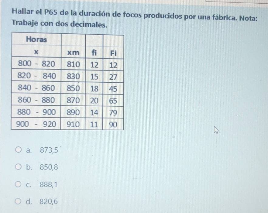 Hallar el P65 de la duración de focos producidos por una fábrica. Nota:
Trabaje con dos decimales.
a. 873,5
b. 850,8
c. 888,1
d. 820,6