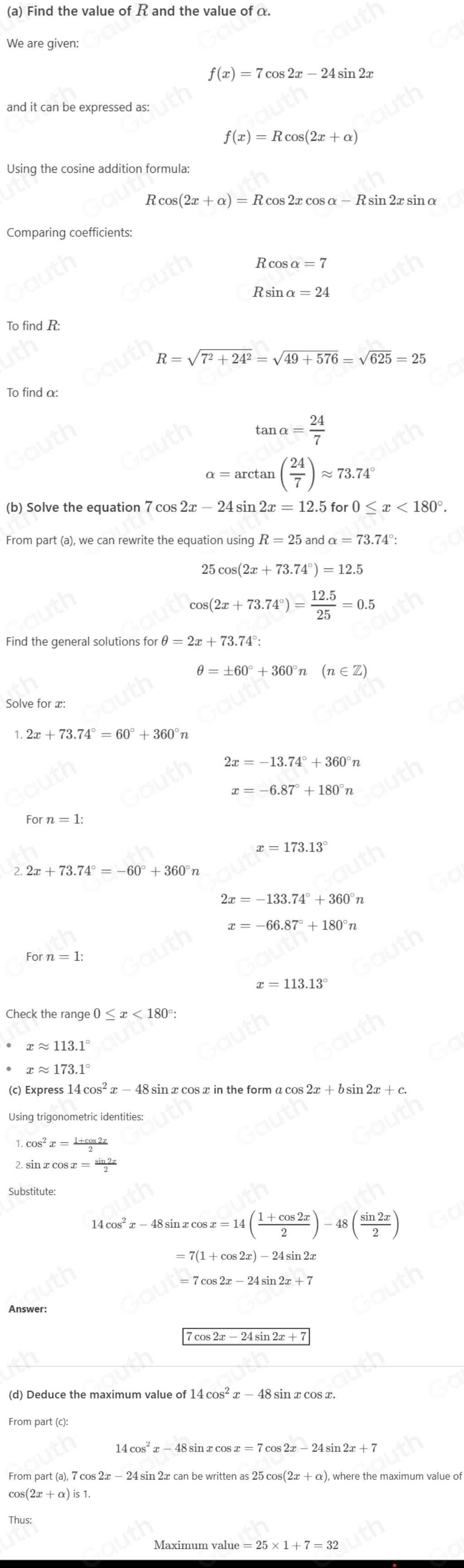 Solved: f(x)=7cos 2x-24sin 2x. Given that f(x)=Rcos (2x+alpha ) , where ...