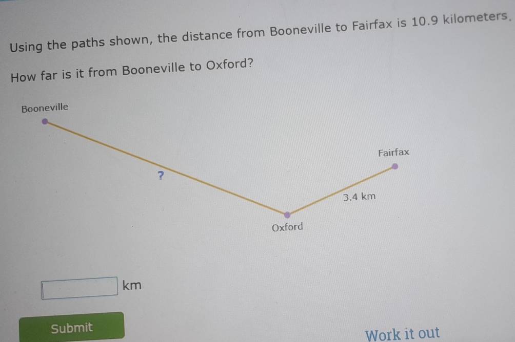 Using the paths shown, the distance from Booneville to Fairfax is 10.9 kilometers. 
How far is it from Booneville to Oxford? 
Booneville 
Fairfax 
?
3.4 km
Oxford
□ km
Submit 
Work it out