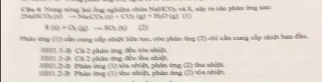 Nang nông hai ống nghiệ chẩm NallCOn và S, xây m củc phân ứng sau
(Na)H(1)_2(3(3)to N(g)+(shO(g)+CO_2(g)+H_2O(g)(l)
S(s)+()_2(g)to S()_2(s) (2)
Phân ứng (1) văn cung cấp nhiệt liên tựa, còn phin ông (2) chi cần cung cấp nhiệt ban đầu.
NL. 1-B Cá 2 phin ứng đều têa nhiệt
190 1-B Cá 2 phim ứng đầu ta nhiệt
MN.2-B Phin ứng (1) têa nhiệt, phin ứng (2) tha nhiệt.
HM1.2-B Phân ứng (1) từa nhiệt, phân ứng (2) tòa nhiệt.